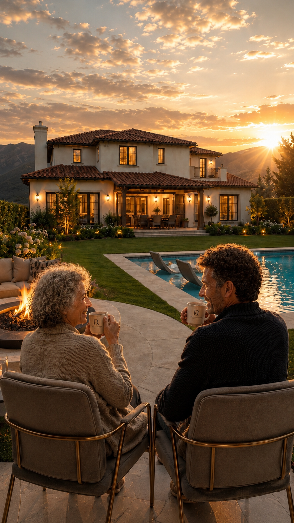 Pareja disfrutando el atardecer en la terraza de una casa campestre